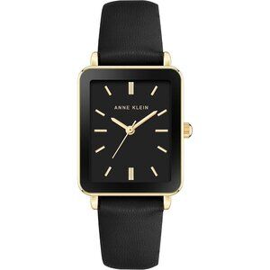 Women's Black/Gold Crystal Lens Buckle Closure Faux Leather Strap Tone Watch